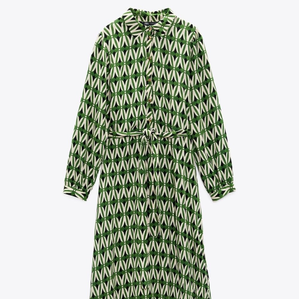 Zara Green and Black Long Sleeve Midi Collared Shirt Dress